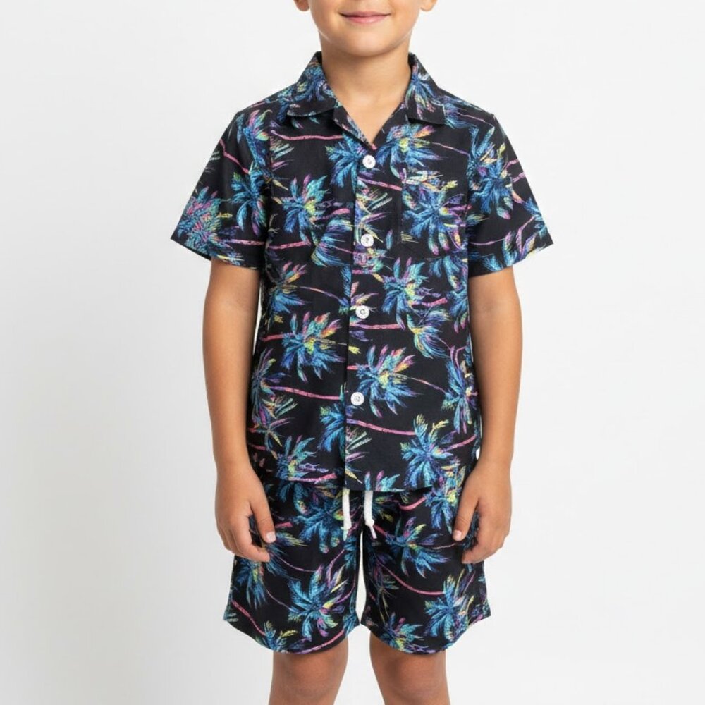 Kids Neon Palm Tree Hawaiian Shirt & Shorts Set - Tropical Summer Outfit 6-7T